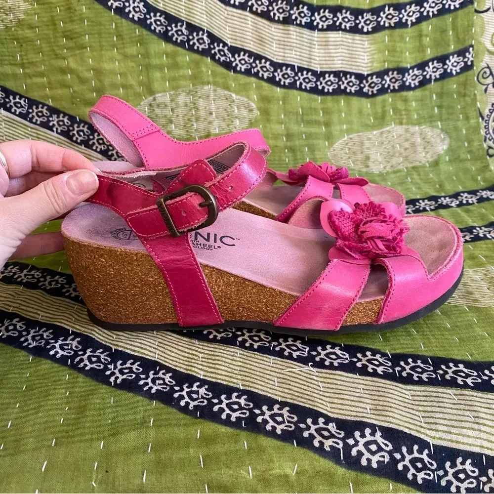 Vionic Pink Orthaheel Floral Strappy Leather Cork Wedge Heeled Sandals Size 7
